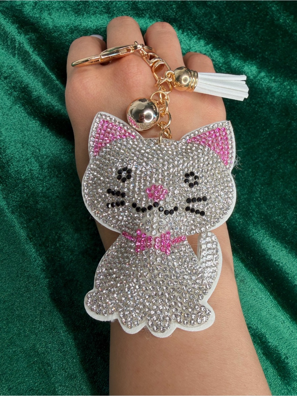 Crystal Cat Keychain Charm - White & Pink Rhinestone Pet Accessory - Picture 4 of 4